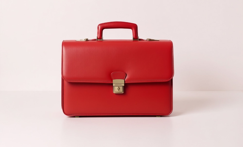 Red leather briefcase with a top handle and gold clasp, centered on a light pink background.