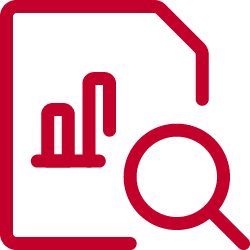 A red icon featuring a paper, a bar graph, and a magnifying glass.