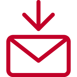 A red icon featuring an envelope with an arrow pointing downwards.