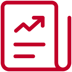 A red icon featuring a newspaper with a trend line.
