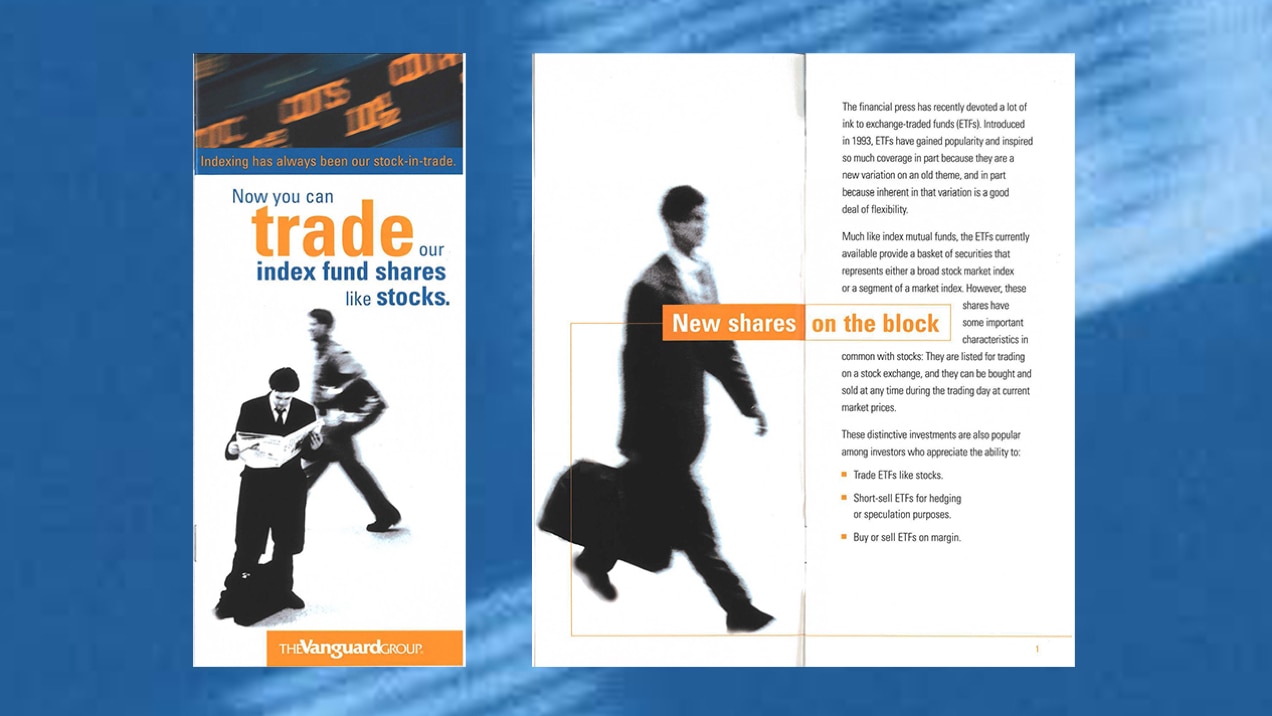 The front cover and inside of a trifold brochure. The cover shows a man standing while reading a newspaper with a briefcase at his feet. Another man with a bag on his shoulder walks behind him. Text says, “Now you can trade our index fund shares like stocks.” Inside text says, “New shares on the block” beside an image of a walking man carrying a briefcase.