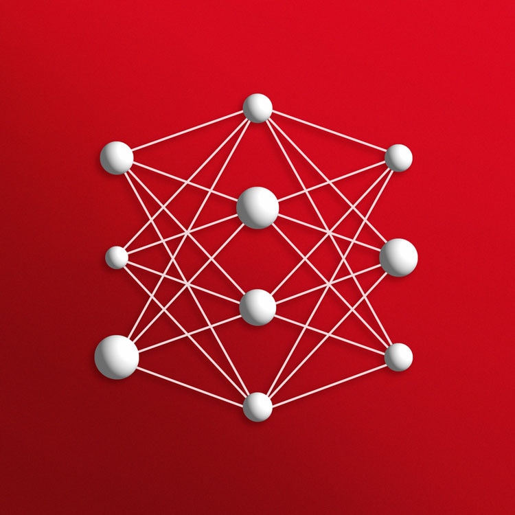 Abstract neural network illustration with interconnected white nodes and lines on a red background, representing artificial intelligence.