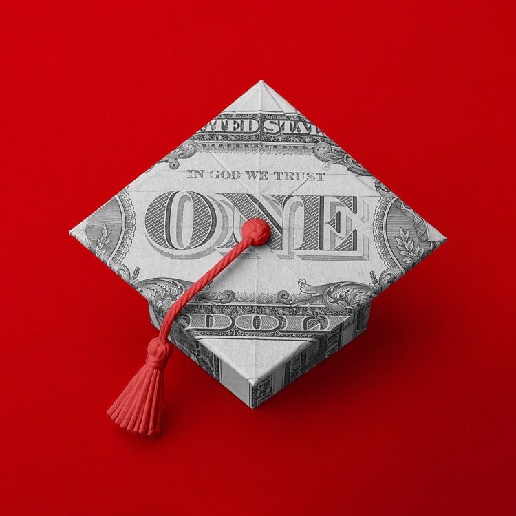 Origami graduation cap folded from a U.S. dollar bill with a red tassel on a red background.