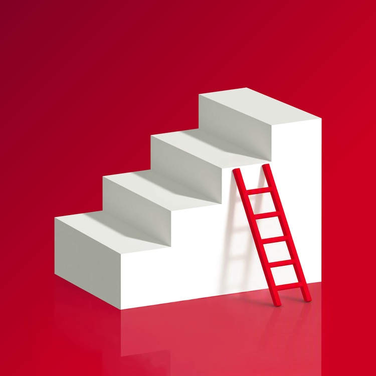 A red ladder leaning against a white staircase on a red background.