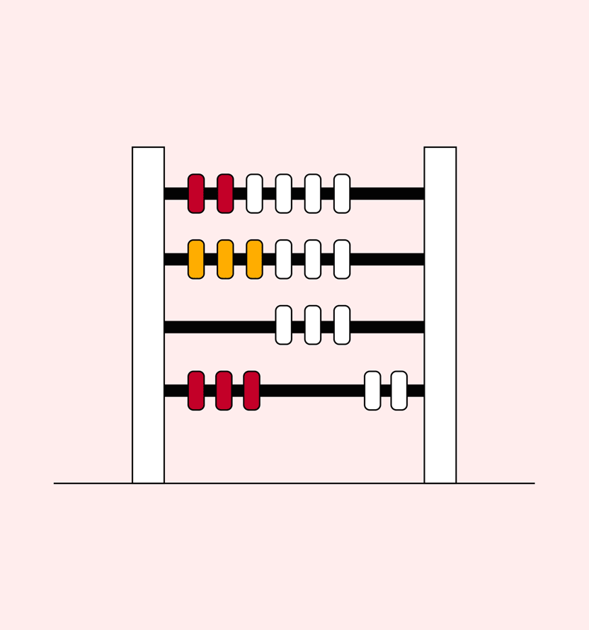 Illustration of a simple abacus with four horizontal rods between two vertical supports. Colored beads are arranged on the rods: two red and four white beads on the top row, three yellow and three white beads on the second row, three white beads centered on the third row, and three red beads on the left with two white beads on the right on the bottom row. The abacus is drawn in a flat, minimalist style on a light pink background.