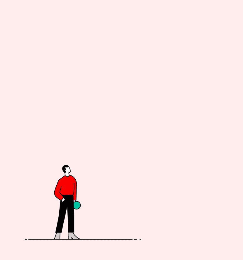 Illustrated figure standing on a line against a pale pink background, wearing a red long-sleeve top and black pants, holding a teal circular object at their side. The figure appears in the lower-left portion of the image, with a large amount of empty space above and to the right.