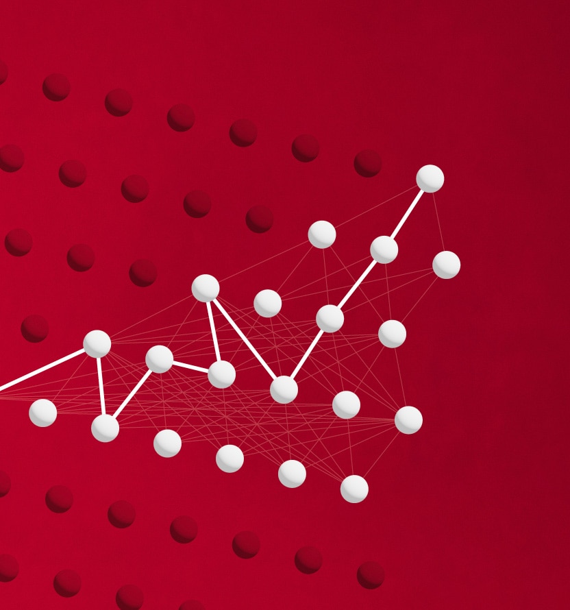 White circular nodes connected by thin lines form a network across a red background. A bold white path moves through the network and rises toward the upper right, while darker red nodes fade into the background.