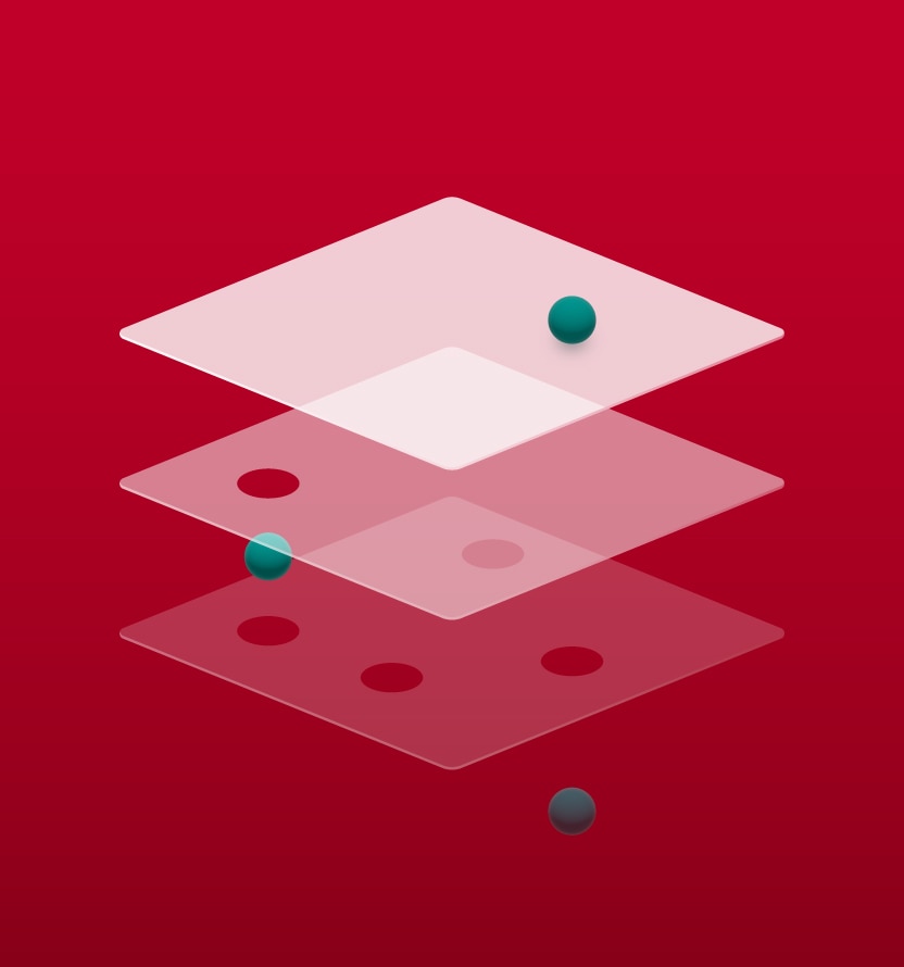 Abstract illustration of three translucent, stacked rectangular layers floating against a deep red background, with teal and red circular markers positioned on different levels to suggest layered data, hierarchy, or segmentation.
