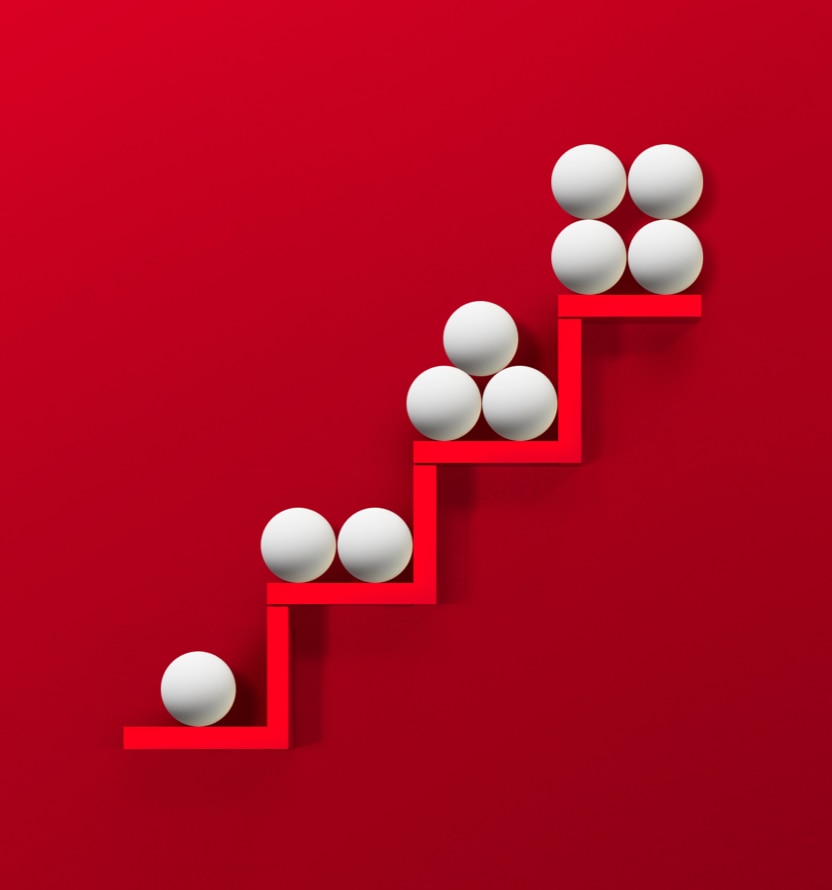 white spheres on ascending stairs