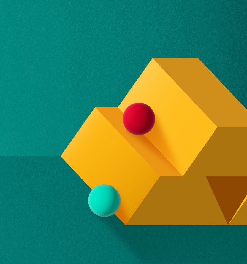 teal and red spheres on gold bars