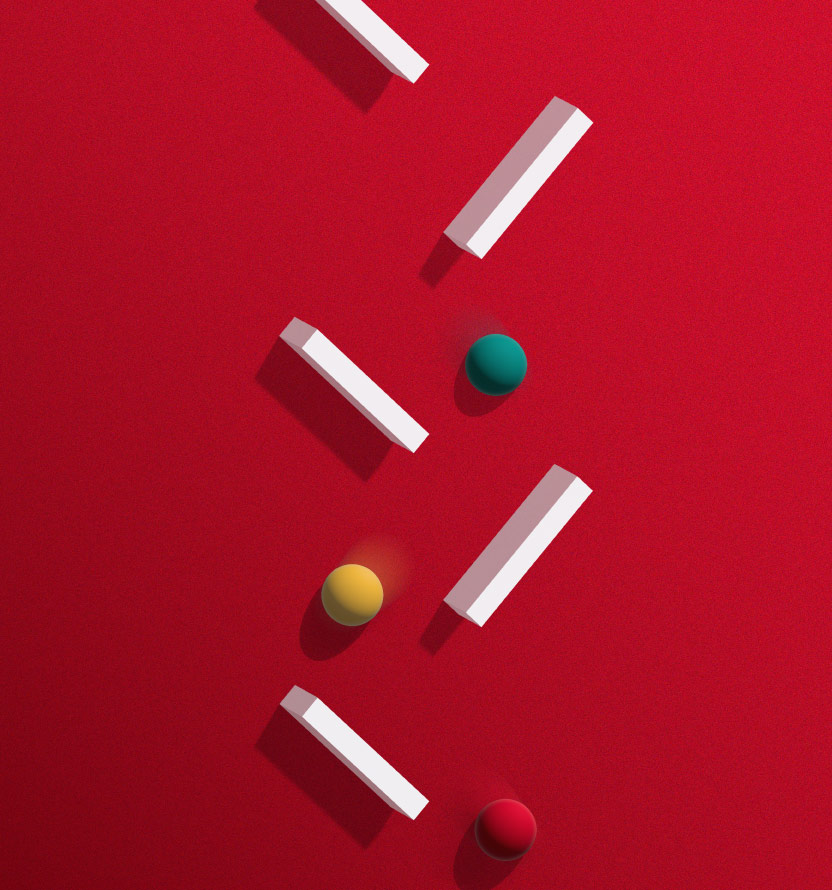 Abstract image of spheres and lines on red background