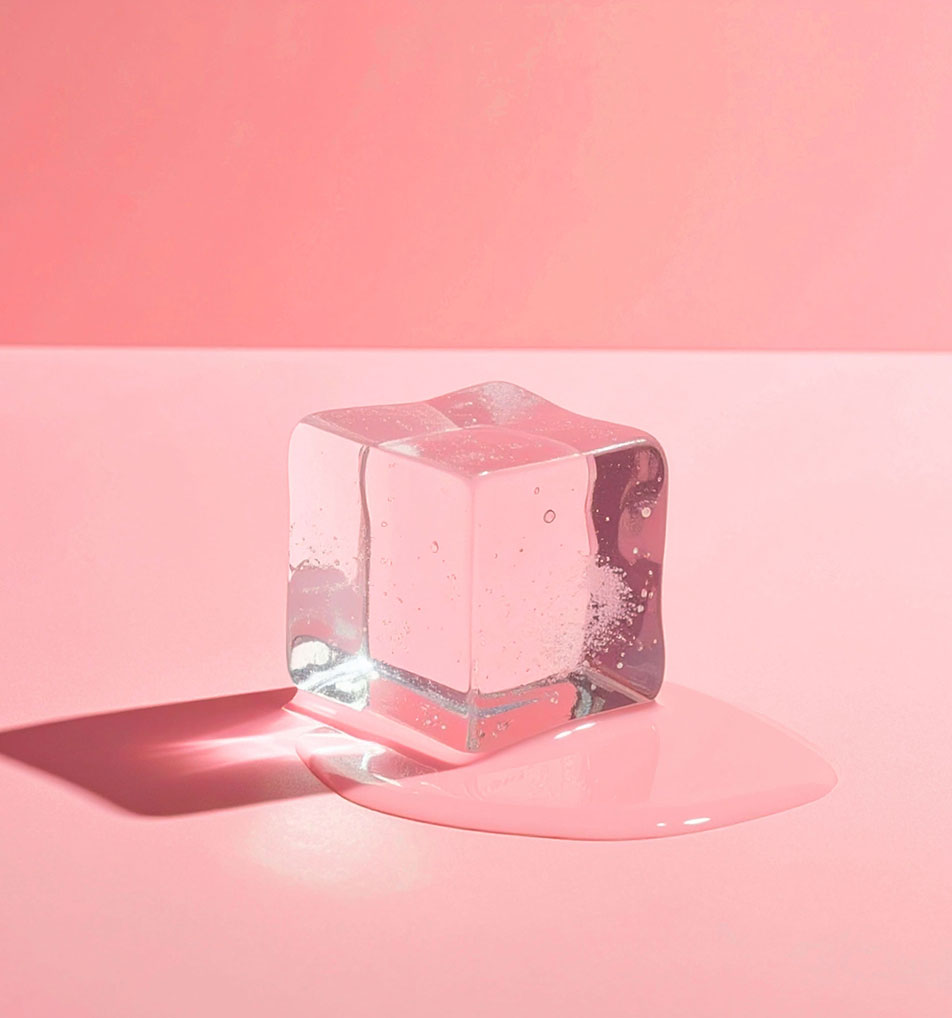 ice cube melting on pink background