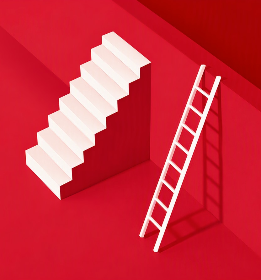 White staircase and white ladder standing side by side against a red geometric background, illustrating two paths upward.
