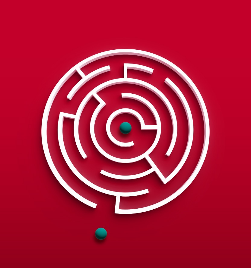 white maze with teal spheres on red background