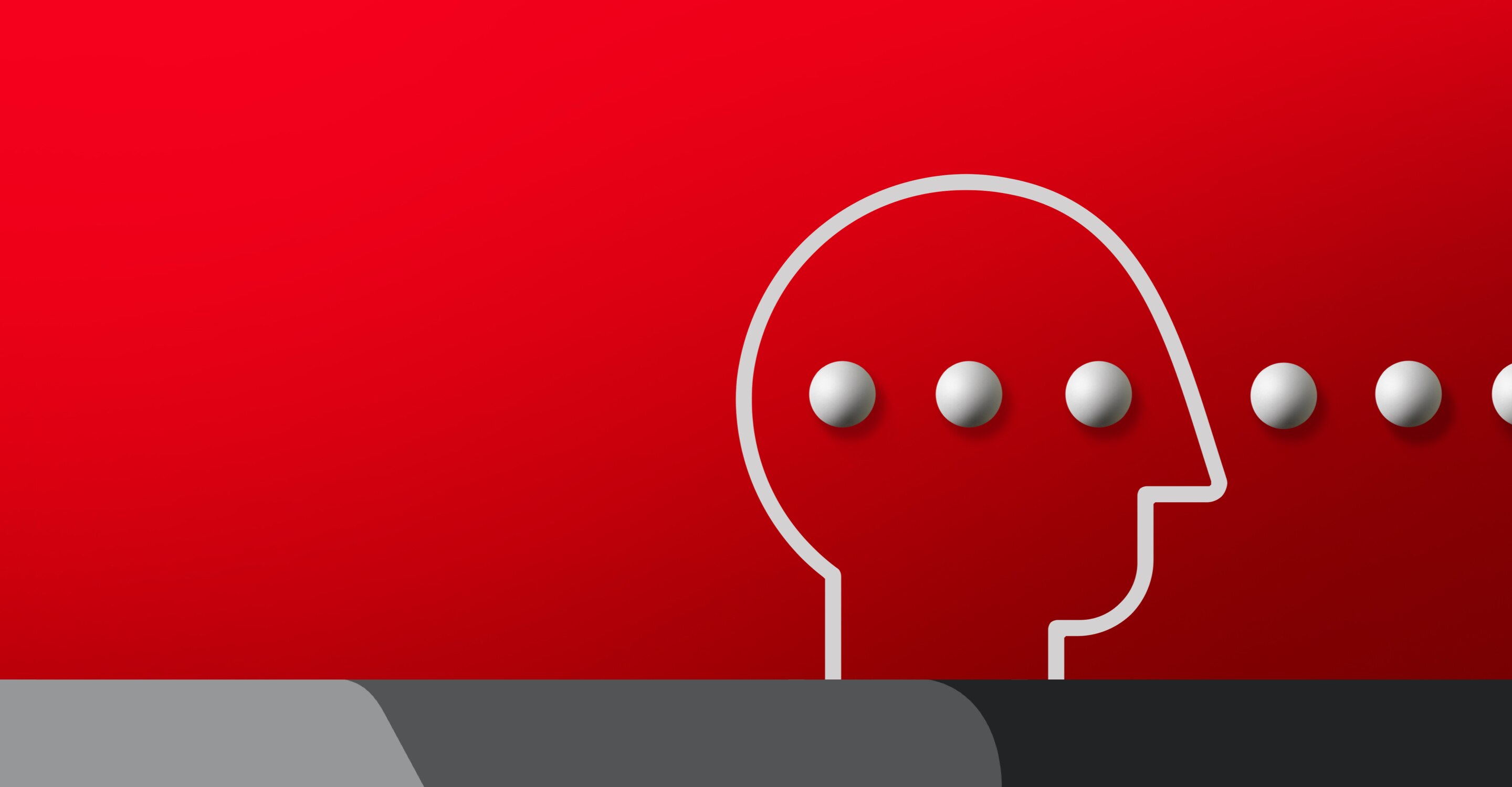 abstract of head outline and white spheres on red background