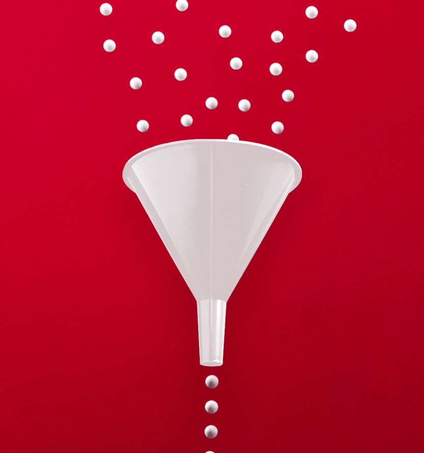 A white funnel on a red background with white spheres falling into the top and emerging from the bottom in a single stream, illustrating a filtering or selection process.