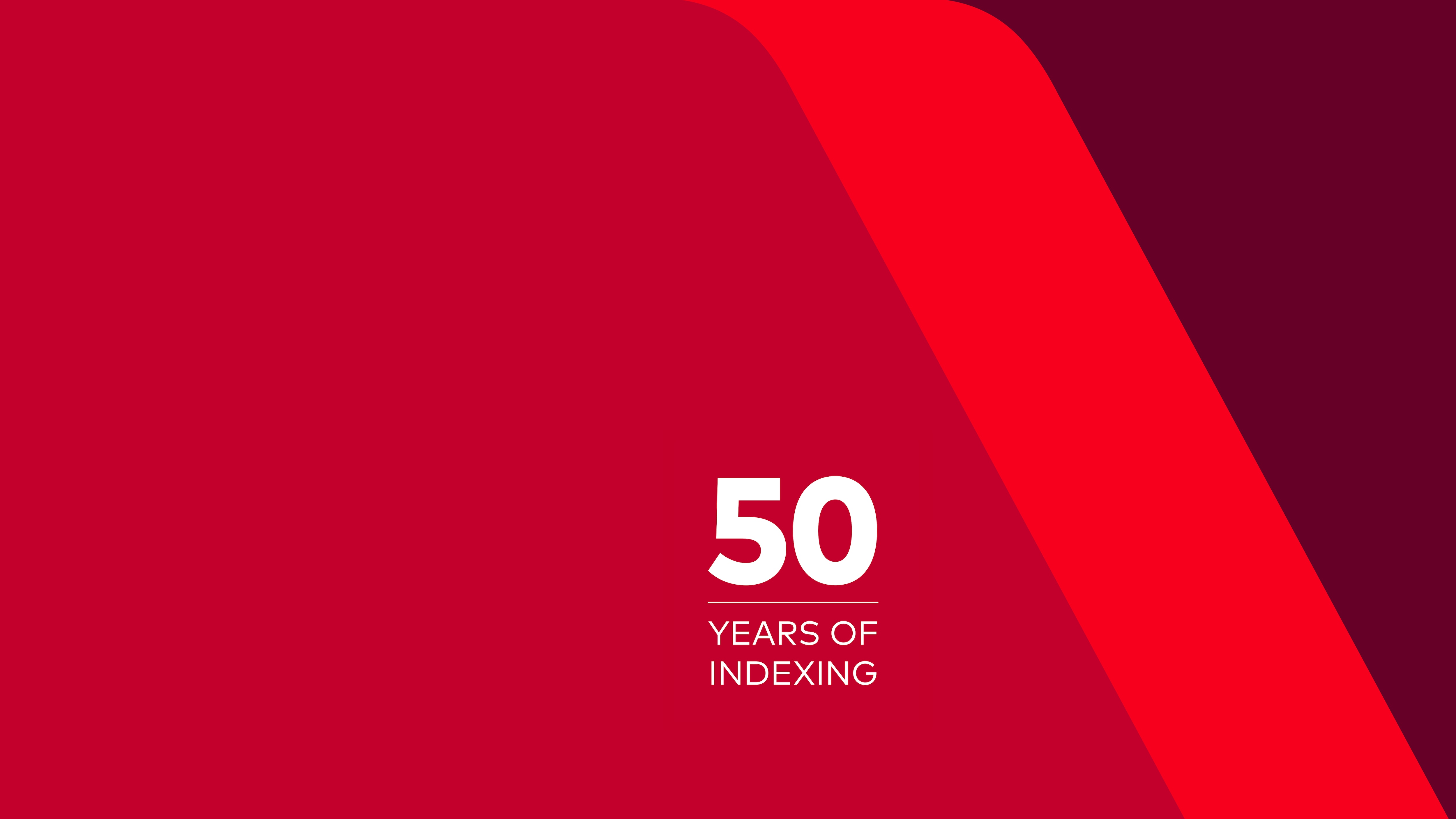 Red commemorative banner featuring a large white “50” and the text “Years of Indexing,” with a bold diagonal red accent on the right side.
