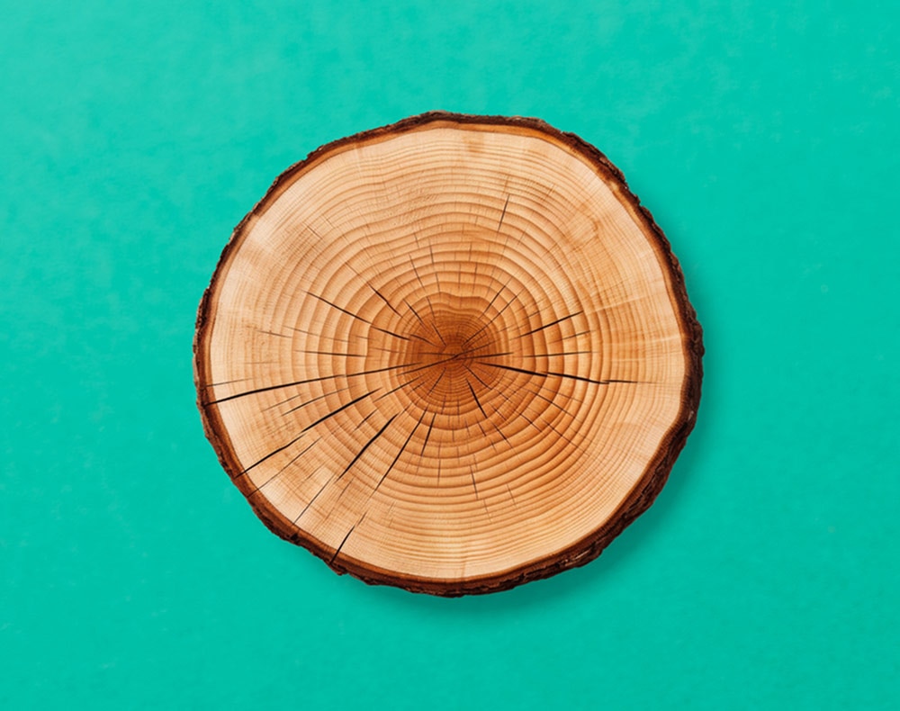 slice of tree trunk on teal background