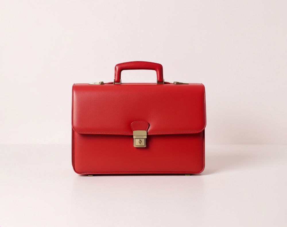 Red leather briefcase with a top handle and gold clasp, centered on a light pink background.