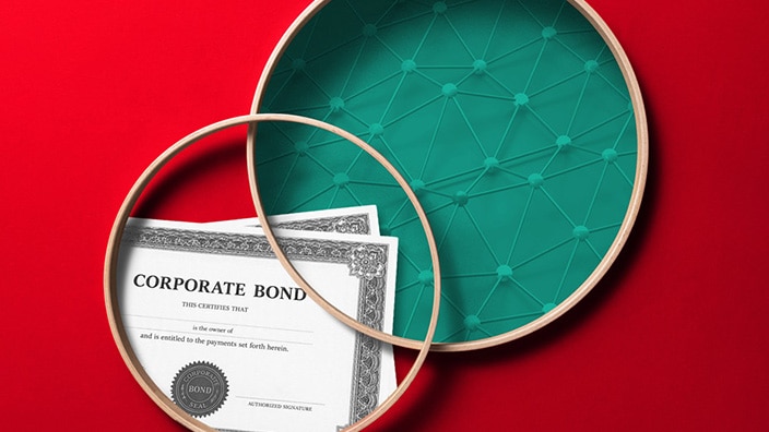 Corporate bond certificate and connected digital network graphic displayed within overlapping circles, illustrating the intersection of AI technology and bond markets. 