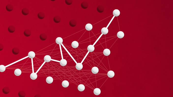 White circular nodes connected by thin lines form a network across a red background. A bold white path moves through the network and rises toward the upper right, while darker red nodes fade into the background.