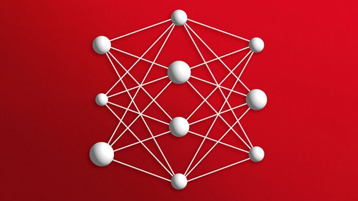 Abstract neural network illustration with interconnected white nodes and lines on a red background, representing artificial intelligence.