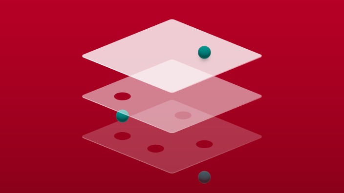 Abstract illustration of three semi-transparent, layered rectangular panels floating against a red background, with small circular markers in shades of teal and red positioned on different layers, suggesting depth, separation of information, or multi-layered data.