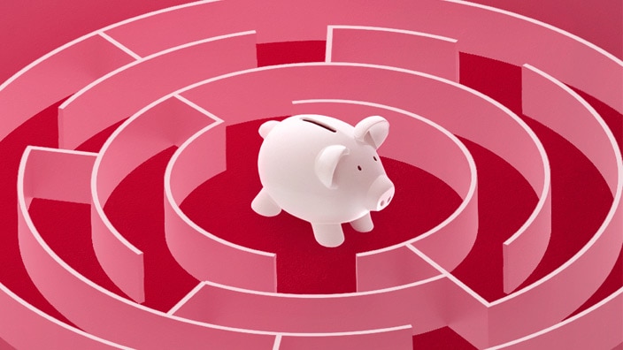 piggy bank in middle of maze illustration