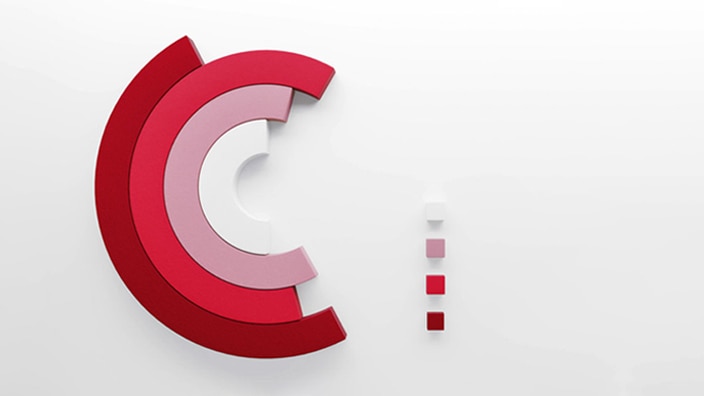 Concentric C-shaped arcs in red and pink tones forming an abstract layered infographic.