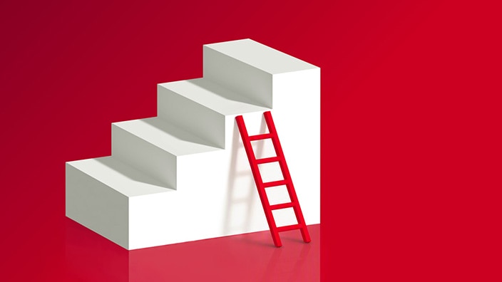 A red ladder leaning against a white staircase on a red background.