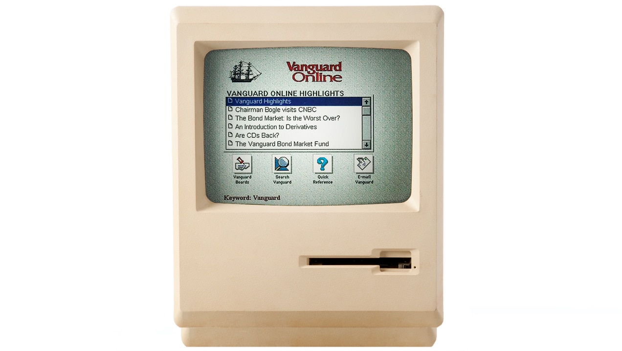 The first version of Vanguard Online appears on a 1995 AOL page. It shows a line drawing of a sailing ship at the top left corner with “Vanguard Online” to the right of it. The phrase “Welcome to Vanguard Online” appears across the top of the page. Links to news and information articles appear on the left under the title “Vanguard Online Highlights.” Links to Vanguard message boards, search, quick reference, and email appear at the bottom. The right navigation area includes general links to information about the funds, planning and strategy, news, and communications.